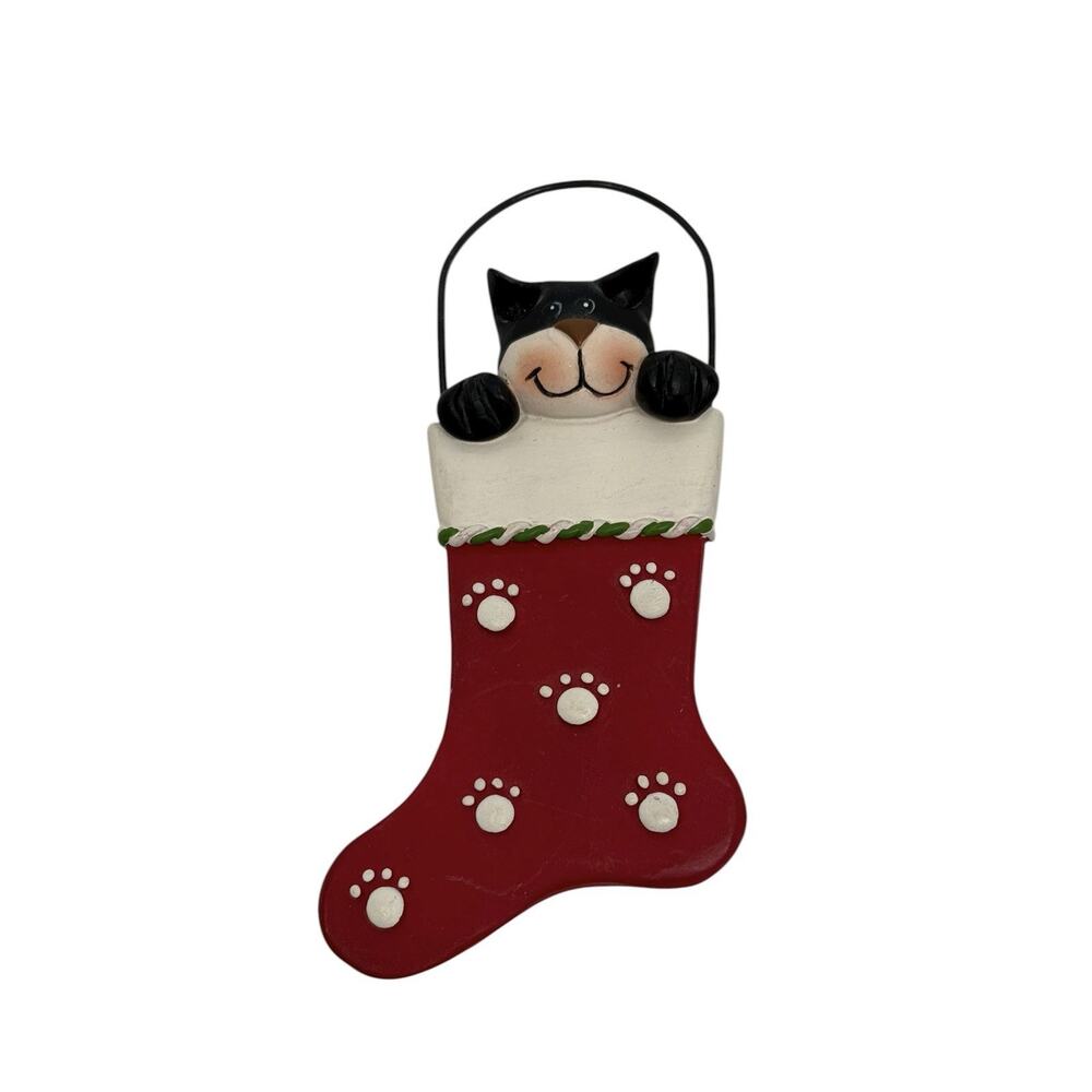 Hand sculpted Black Cat In Red White Stocking Christmas 4” Ornament Resin Hanger